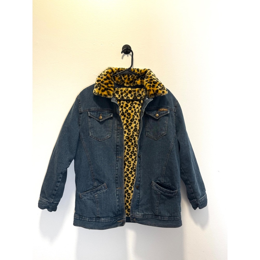 Weatherproof Vintage Denim Jacket Leopard Faux Fur Lined Blue Size 16 Y2K